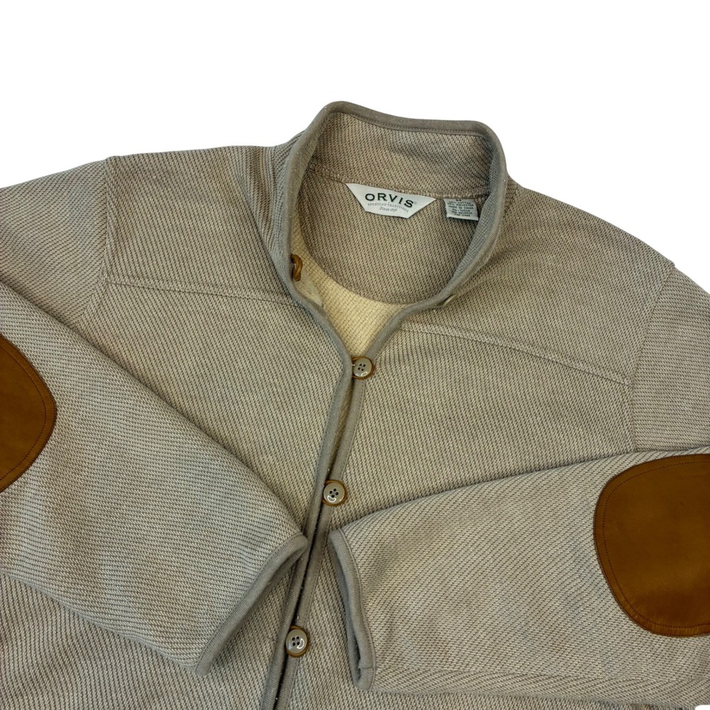 Orvis Cardigan Mens M Tan Textured Knit Elbow Patches Mock Neck Sweater 46PT